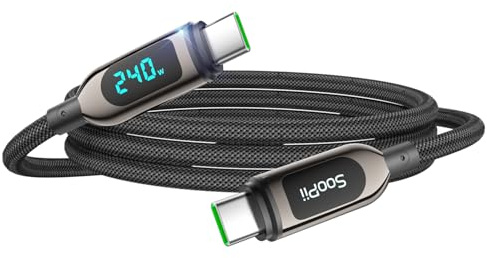 SooPii 240W 1.2m Cavo USB C a USB C con Display LED,Nylon Intrecciato,Nero | Type C Cavo di Ricarica Rapida PD per iPhone 17/16 Pro/15 Plus, iPad Air, MacBook Pro, Galaxy S25/S24