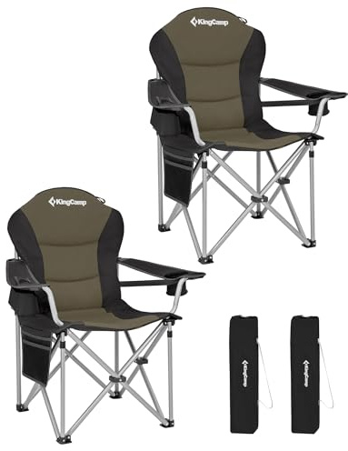 KingCamp 2er Set Campingstuhl Faltbar Ergonomisch XXL Gepolstert Grün | Klappstühle bis 250kg mit verstellbarer Lendenwirbelstütze Kühltasche & Armlehnen für Camping Garten Angeln Strand & Festival