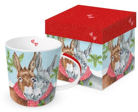 PPD Weihnachts-Kaffeebecher Set, Winterliche Esel Design, Porzellan Tassen mit Geschenkbox, Rot und Blau, 2 Stück