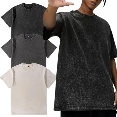 Men’s Oversized T-Shirt,Pack of 3, Men's Basic Cotton T-Shirt Summer，Retro Washed Top, Unisex Fashion, Hip Hop Vintage Casual Tee Shirts Black Gray Apricot L