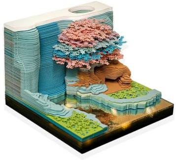 3D Creative Time Piece Calendar 2026 Desk Weekly Calendar Decoration with LED Light and Acrylic Case, Paper Sculpture Non-stick Notes, Paper Carving Art Craft Memo Pad (Flower Mountain)
