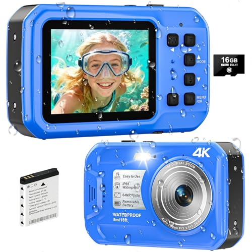 4K Underwater Camera, 64MP 16FT Waterproof Digital Camera with 32GB Card, Autofocus Floatable Waterproof Camera with IPS HD Screen, 16X Digital Zoom, Fill Light, for Snorkeling, Surfing, Swimming