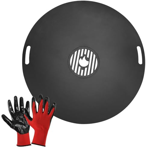Monucep Carbonstahl Feuerplatte Ø 80 cm mit Grilleinsatz und Handschuhen, Grillplatte für Feuertonne und Feuerschale, Plancha Grillring für BBQ und Teppanyaki