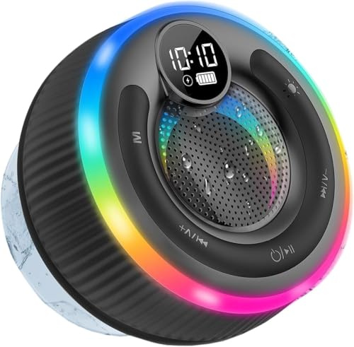AOSRAU Bluetooth Shower Speaker, 2025 Portable Bluetooth Speaker 5.3 with Time Display, IPX7 Waterproof with Suction Cup, RGB Lights, Stereo Bass, Wireless for Bathroom/Party/Travel/Outdoor, Black