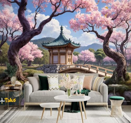 XLMING Wunderschöne Rosa Kirschbäume Pavillon Fluss Holzbrücke 3D Tapete Tapeten Seidigkeit Home Esszimmer Möbel Sofa Schlafzimmer Wohnzimmer TV Hintergrund-250cm×170cm