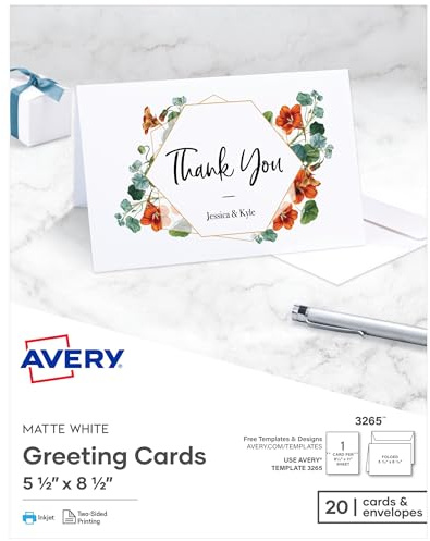 Avery Printable Half-Fold Greeting Cards, Envelopes Included, 5.5 x 8.5, Matte White, Inkjet Printer Compatible, 20 Blank Cards Total, Great for Product Branding, Marketing, and More (3265)