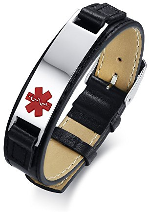 VNOX Kostenlose Eingraviert Medical Alert ID-Tag Angepasst Leder Personalisierte Armband, Verstellbar, 17,5 + 4 cm