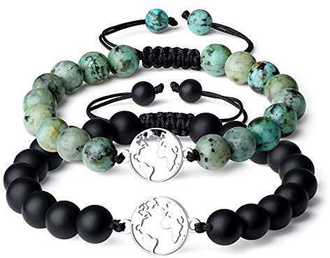 COAI Partnerarmband tillverkat av ädelsten och världskarta hänge, 14 centimeters, Turkos Onyx, Afrikansk turkos