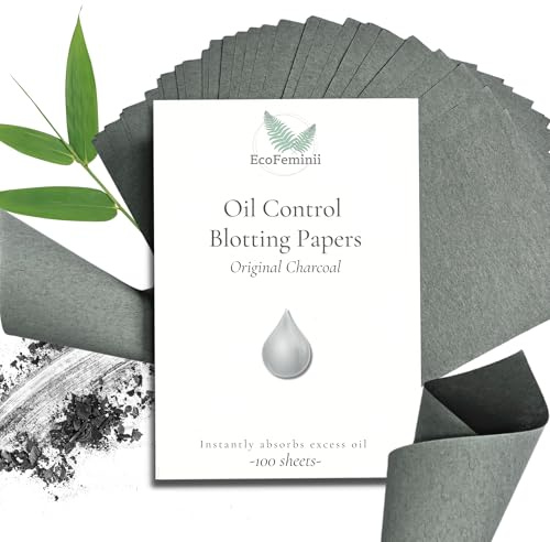 EcoFeminii Charcoal Oil Blotting Papers (100 Large Sheets) - Max Absorbency Sheets for Face & T-Zone, Instant Matte Shine Control