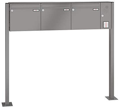 RENZ/Basic B / 3er Freistehende Briefkastenanlage Standbriefkasten mit Sprechfeld/RAL-Farbe 9007 Volumen 1/mit Fußplatten/Dein-Briefkasten.de