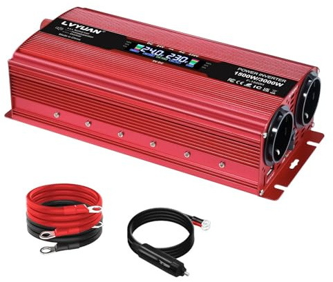 LVYUAN Wechselrichter 24V 230V 1500W/ 3000W Spannungswandler mitLCD Bildschirm, 3 Erinnerungsleuchten, 2 EU Steckdose, Lüfter und 5V USB Anschlüsse inkl Kfz Zigarettenanzünder Stecker