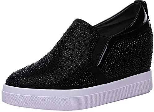 rismart Femme Talon Compensé Baskets Mode Brillants Strass Décontractée Plateforme Chaussures Noir,39 EU