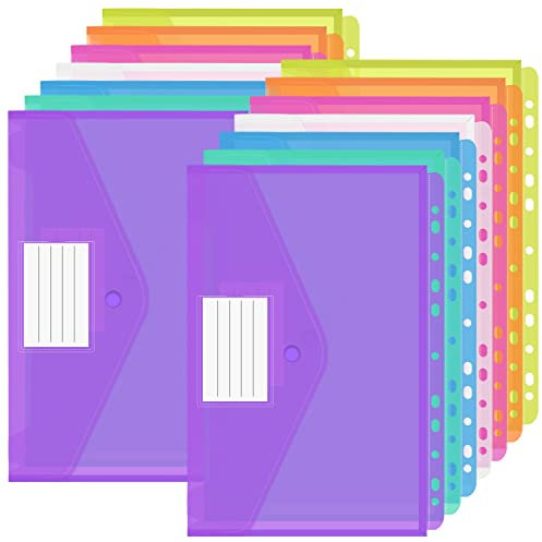 Plastic Wallets 14Pack A4 Punched Pockets Document Wallets Assorted Colours with Label Pocket, A4 File Folders Popper Wallets for School, Office, Business Trip