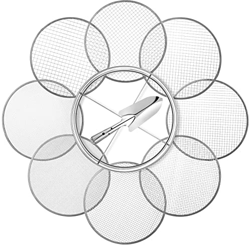 Bonuci 10 Pcs 12 Inch Soil Sieve Stainless Steel Sieve Set Garden Soil Sifter Potting Mix Sifter with 8 Interchangeable Filter Mesh 2, 3, 5, 6, 7, 9, 10, 12 mm and Shovel for Garden Compost(Silver)