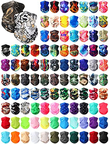 Jeere 100 Pcs Bulk Neck Gaiters for Men Women Balaclava UV Face Mask Headband Face Covering Neck Tube Scarf Outdoor,100 Style(Classic)