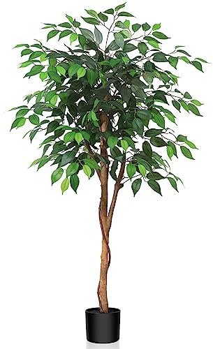 Kazeila Large Artificial Ficus Tree 120cm Tall Artificial Plants Indoor Fake Tree Fake Potted Tree with Natural Wood Trunk and Silk Leaves for Home Office Decor Indoor, Black,green,yellow
