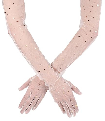 LUTER 2uds Guantes de Encaje con Lentejuelas Brillantes, 70 cm de Largo Guantes de Novia de Tul de Malla Elástica Suave Guantes de Novia para Ópera Disfraces de Halloween Fiesta Baile (Marrón Claro)