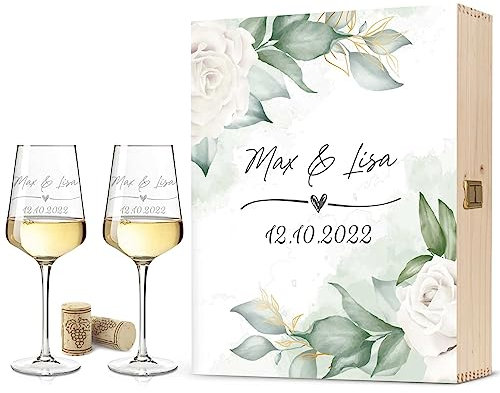 GRAVURZEILE Leonardo Puccini Weingläser mit Gravur - Wedding Love Design - Personalisiert mit Namen & Datum inkl. Holzkiste - Geschenk zur Hochzeit, Verlobung oder Jahrestag - Farbe: Große Kiste UV