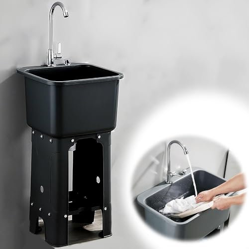 COKYIS Freistehende Spültisch Kunststoff Waschbecken Für Badezimmer, Mobiles Spülbecken Gastro Spüle Mit Armatur, Küchenspüle 1 Becken Gebürstetes Finish, (Color : Black, Size : 40x40x75cm/16x16x30i