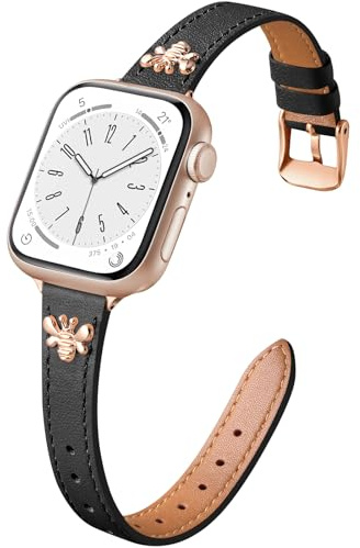 CeMiKa Slim Leather Straps Compatible with Apple Watch Strap 42mm 44mm 45mm 49mm 46mm, Thin Leather Band for Apple Watch Ultra/Ultra 2/iWatch Series 10 9 8 7 6 5 4 3, Women Men, Black/Rosegold Bee