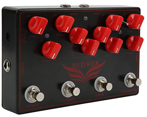 Multieffects Guitar Pedal, Red Fox Synth Pedal, 4 in 1 Guitar Effect Pedal, Black Metal Multifunctional Guitar Effect Pedal with Delay, Chorus, Loop and Overdrive