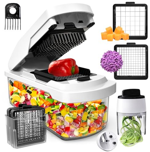 CrazyQueen Picador de verduras multifuncional 2 en 1, picador de alimentos, picador de cebolla, cortador de verduras, cortador de verduras con espiralizador, recipiente para ensalada, patata,