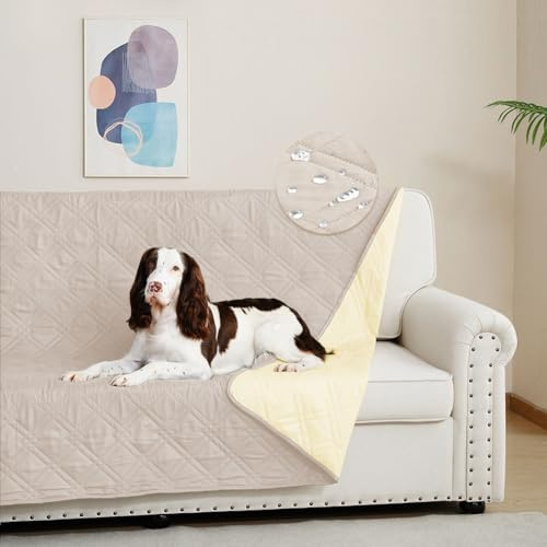 DUJUIKE 100% Housse imperméable canapé, Housse de canapé pour Chien,Housse Impermeable canape lit, avec Base antidérapante, Protection canapé Chien, Chat(Crème,173-208 cm)