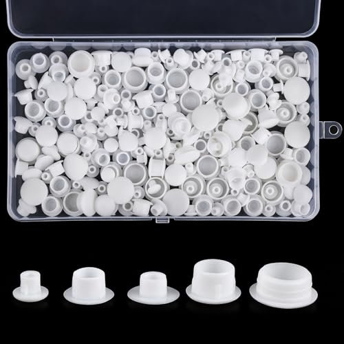 200 Stück Abdeckkappen für Bohrlöcher, Kunststoff Abdeckkappen für Schrauben mit Box, Schraubenabdeckung Weiss, Runde Schrauben Abdeckkappen Sortiment, Blindstopfen 5 mm/6 mm/8 mm/10 mm/12 mm