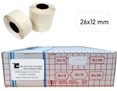 36 Rollen Etiketten 26x12 mm permanent - weiß - Wellenrand. Preisetiketten für Blitz, Meto, Jolly, Uno, Contact, Printex, Evo, Sato, Herlitz und mehr
