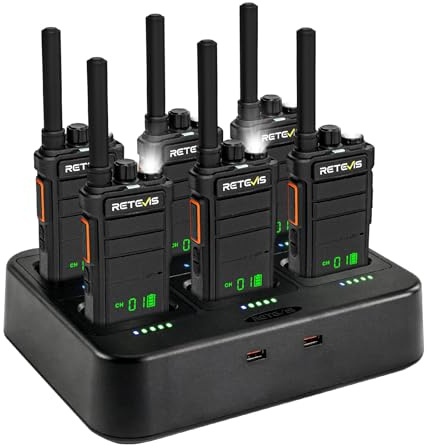 Retevis RB626H Walkie Talkie Lungo Raggio, Ricetrasmittenti Professionali Caricatore a 6 Vie 2000mAh, con Schermo, VOX, llarme di Emergenza Walkie Talkie Portatile per Sicurezza,Scuola(Nero,6 Pezzi)