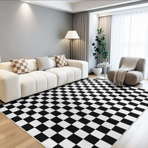 Terrug Schwarz-weiß karierter Teppich für Schlafzimmer, 122 x 183 cm Teppiche waschbar mit rutschfester Unterseite für Wohnzimmer, weicher niedriger Flor fleckenresistent Retro-Teppich für