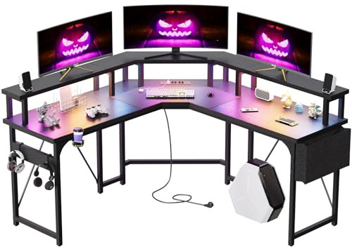 Devoko 153x153 cm Gaming Schreibtisch mit LED, groß Gaming Tisch L Form mit 2 Steckdosen und 2 USB Ladeanschluss, Eckschreibtisch PC Tisch mit großzügiger Monitorablage, Schwarz