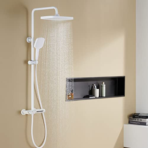 HAVVMK Aufputz-Dusche, Thermostat-Duscharmatur-Set zur Wandmontage, Regenduschkopf mit Handbrause, Wasserfall-Badewannenarmatur, Badezimmer-Duschmischarmatur (Weiß A)