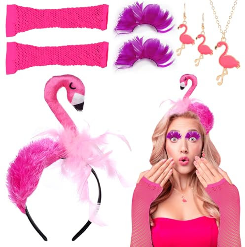 SPERMUOY Flamingo Kostüm Accessoire,5 Stück Flamingo Kostüm Damen mit Flamingo Haarreif Flamingo Hut Flamingo Halskette Flamingo Ohrringe,Flamingo Accessoire Set für Damen