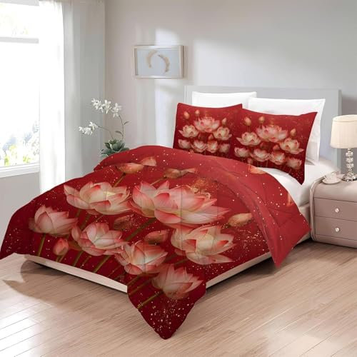 TMMDH Bettdecke 200x220 Ohne Bezug Nutzbar, Lotusblumen Bettdecken Waschbar Ganzjahresdecke Rot 4 Jahreszeiten Steppdecke, Bettzeug Microfaser mit 2 Kissenbezug für Sommer Winter Doppelbett