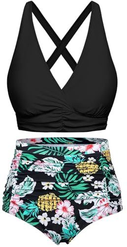 Voqeen Mujer Bikinis Reductor Barriga Cintura Alta Traje de Baño 2 Piezas Push Up con Relleno Conjuntos de Bikinis de Playa Bañadores de Natacion Cuello en V Bikini Top y Braga Ajustable
