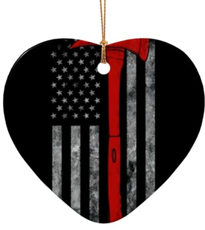Firefighter Axe Red Line Flag Christmas Round Pendant,Holiday Keepsake,Ceramic Hanging Ornament, Christmas Decoration