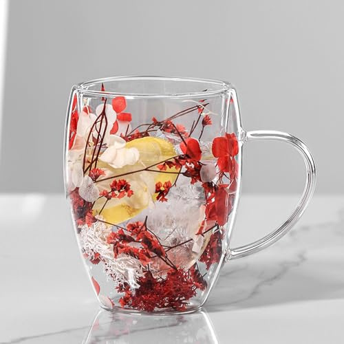 Generisch Doppelwandige Kaffeetassen Mit Getrockneten Blumen | 350ml Doppelwandige Kaffeegläser | Doppelwandige Latte Macchiato Gläser | Kaffeeglas Teegläser für Cappuccino, Tee, Milch, Bier
