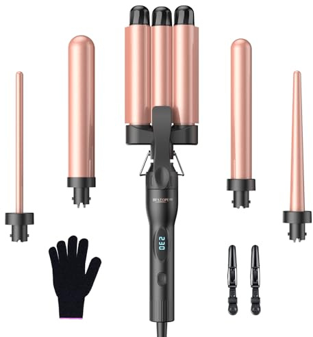 Fer à boucler 3 barils, fer à onduler, réglages de température multiples - BESTOPE PRO Fers à boucler avec écran LED 5 en 1 pour de grosses ondulations Chauffage rapide avec un gant, 2 pinces