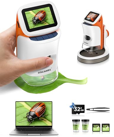 Mikroskop för barn med fot: Digitala mikroskop Hand 100-1000x: 2,0 4K LCD-skärm, bärbar USB-fickmikroskop, med vetenskapliga kit, 15 diabilder, 32G minneskort