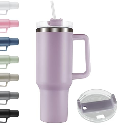 Termosmugg med handtag | sugrör | rostfritt stål | resemugg med isoleringsskikt | kaffemugg dubbelvägg (lavendel)