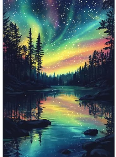 BOWETILE Gör-det-själv diamantmålningskonst Kits Aurora Fantastic, Diamantmålningssatser Landskap För Vuxna, Broderade Skog-Strass Målningar för Nybörjare, Heminredning 30 x 40 cm
