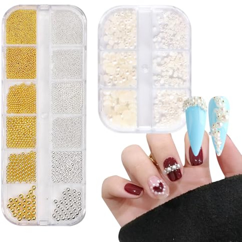 WhaleO Bijoux Ongles Nail Art Perle Ongle Nail Art Charms Ongles Nail Charms Decoration Ongles Nail Art Couleur or Argent Mini Nail Caviar Beads Strass Accessoires pour Nail Art Décorations