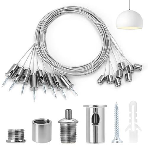 QWORK® 8 Stück Seilaufhängung Einbauset,1.5mmx1.5m, Edelstahl Decke Ohrstecker Drahtseil, Deckenbefestiger Befestigungs, für LED Panel Deckenleuchte