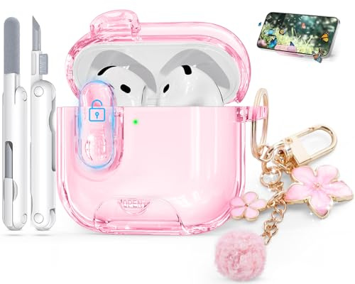 TNSNK Stoßsichere Clear für AirPods 4 Hülle, Rosa | Integrierter Handyständer, mit Reinigungsstift & Schlüsselanhänger, Anti-Yellowing