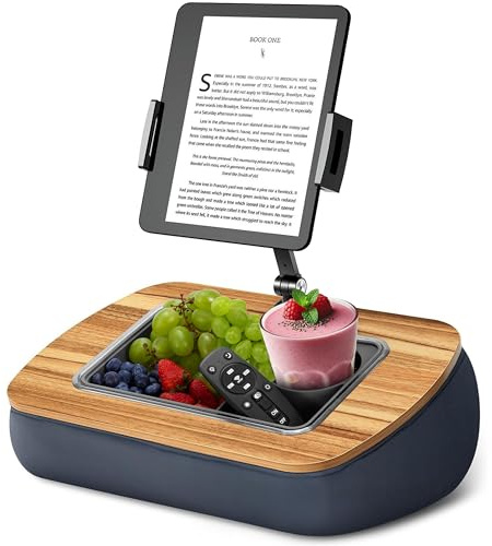 Kindle Holder for Reading in Bed with Removeable Snack Tray (Dish-Washable) with Cup Holder, 360° Adjustable Stand Compatible with 4.7-13 iPad/Phone/Tablet, Stable Cozy Beanbag/Cushion/Pillow for Lap