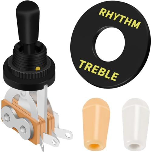 MKBKLLJY 3 Way Guitar Toggle Switch Pickup Selector with Black Tip Knob Caps Replacement Parts SPDT ON-OFF-ON with Black RHYTHM TREBLE Plate for Gibson Epiphone Les Paul Electric Guitar Bass