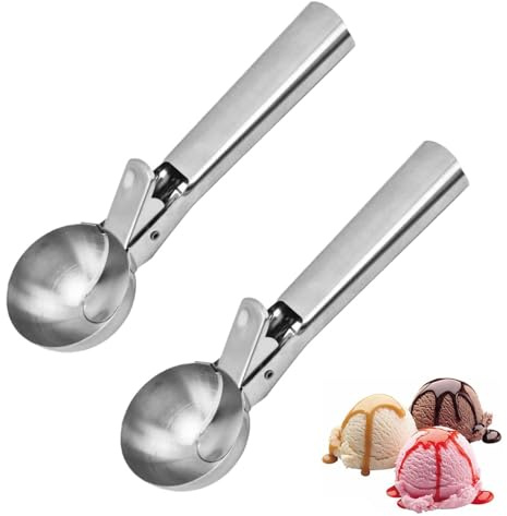 Cuchara de helado, cuchara de galletas de acero inoxidable con gatillo fácil, postre de frutas multiusos para patatas, yogur, albóndigas, sandía (paquete de 2)