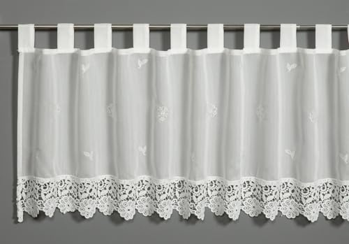 Sehlbach Bistrogardine Batist mit floraler Stickerei und Spitzenborte, Weiß, 135 x 48 cm Bistrogardine, Florale Stickerei, Spitzenborte, Lichtdurchlässig, Einfache Dekoration, Öko-Tex Zertifiziert