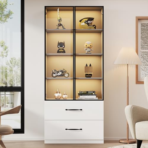 YuQozii Vitrina de luz ambiental 60 × 40 × 160 cm – vitrina de cristal, estantería y armario multifunción con iluminación y cajones, marco de aluminio, puerta de vidrio templado y bisagras de cierre